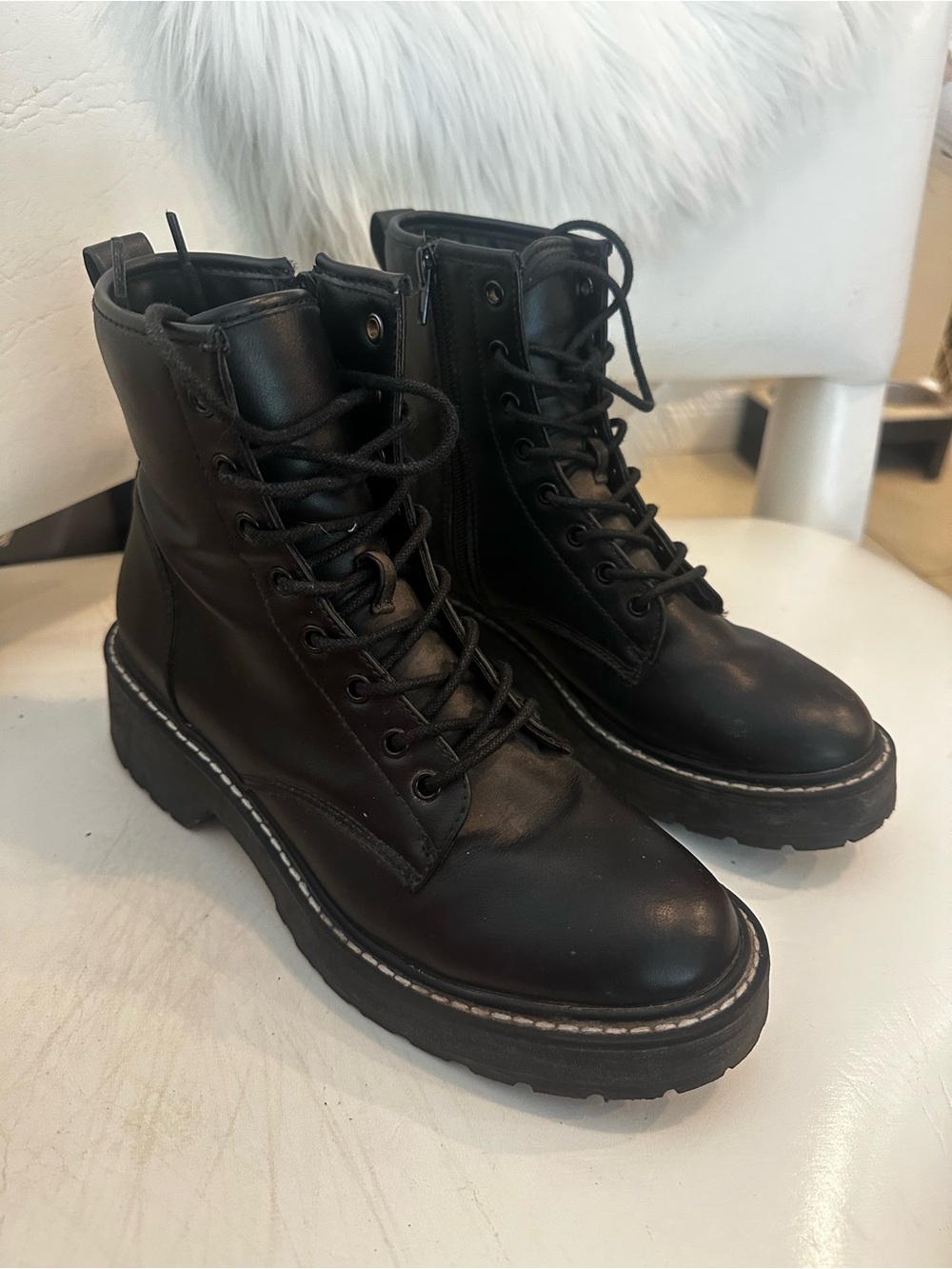 Steve Madden Black Leather Lace-Up Combat Boots